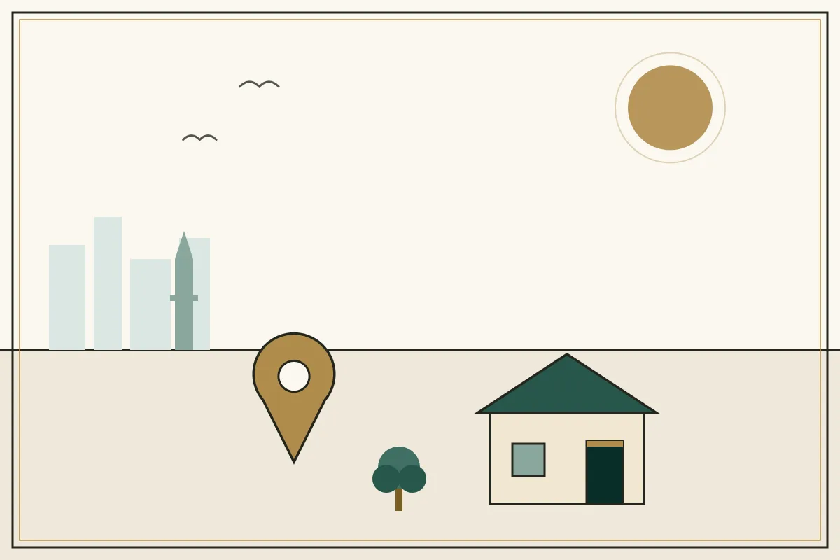 Editorial illustration of a landscape with a large gold map pin, houses and a stupa on the horizon — in the ivory, jade and gold broadsheet style of Research Cambodia