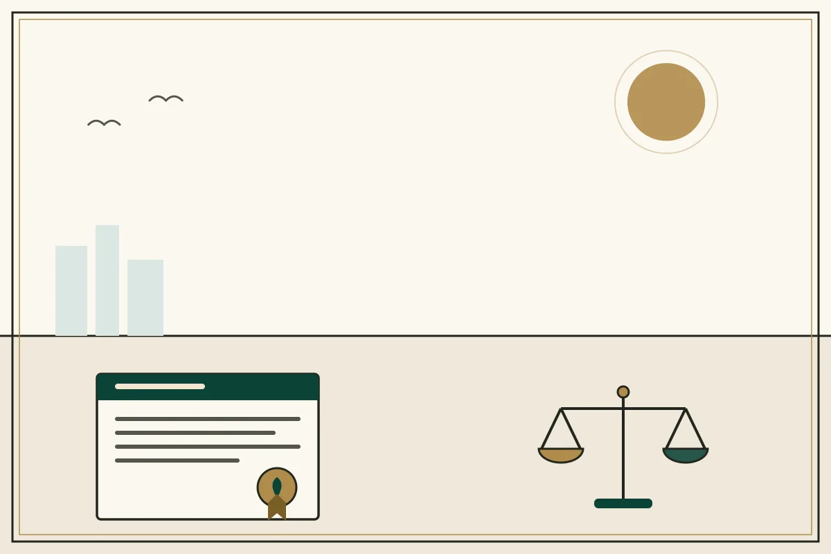 Editorial illustration of a sealed legal document beside the scales of justice — in the ivory, jade and gold broadsheet style of Research Cambodia