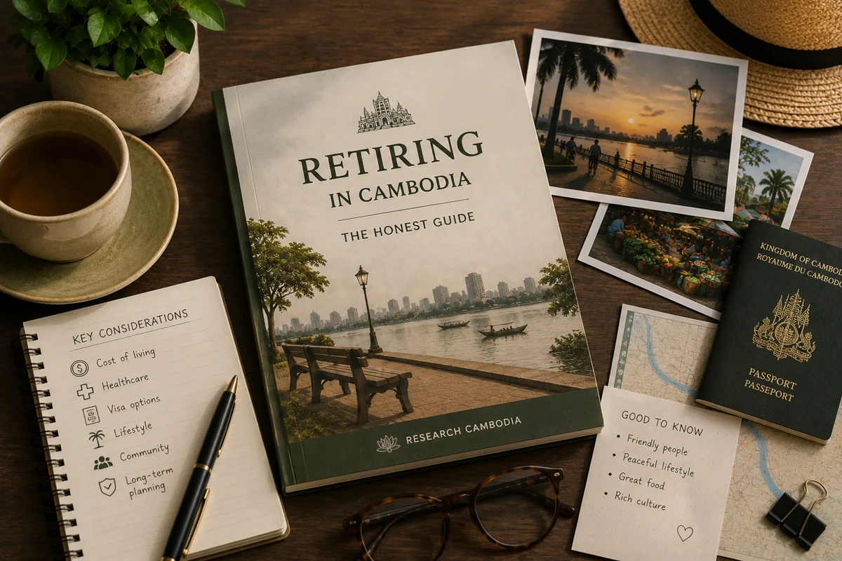 Guidebook titled Retiring in Cambodia surrounded by riverside photos, a passport, and handwritten notes on cost of living, healthcare, and visas