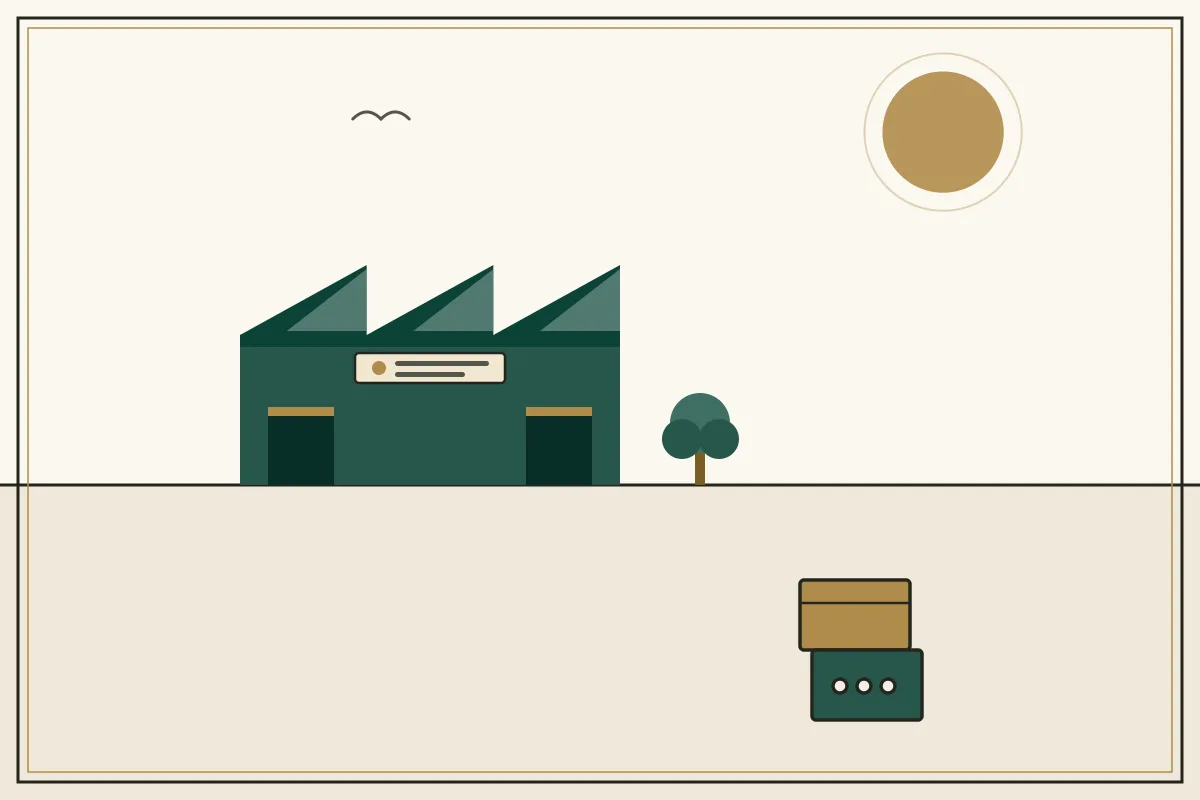 Editorial illustration of a jade factory hall with sawtooth roof and stacked shipping crates — in the ivory, jade and gold broadsheet style of Research Cambodia
