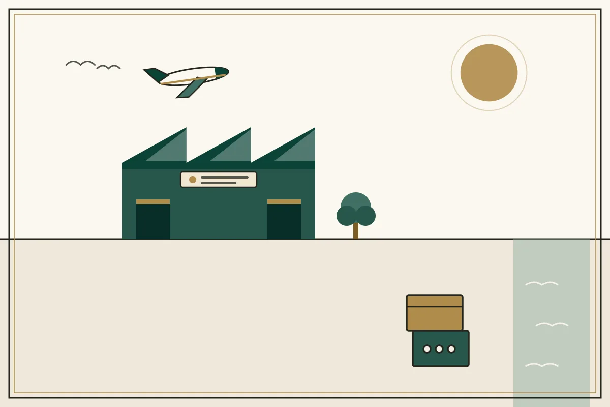 Editorial illustration of a jade factory hall with sawtooth roof and stacked shipping crates, with a coastal water strip, with an aircraft overhead — in the ivory, jade and gold broadsheet style of Research Cambodia
