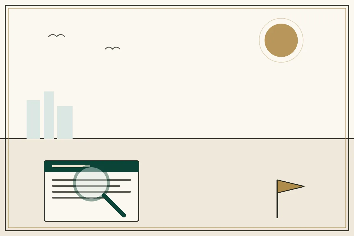 Editorial illustration of a magnifying glass over a document with a gold warning pennant — in the ivory, jade and gold broadsheet style of Research Cambodia