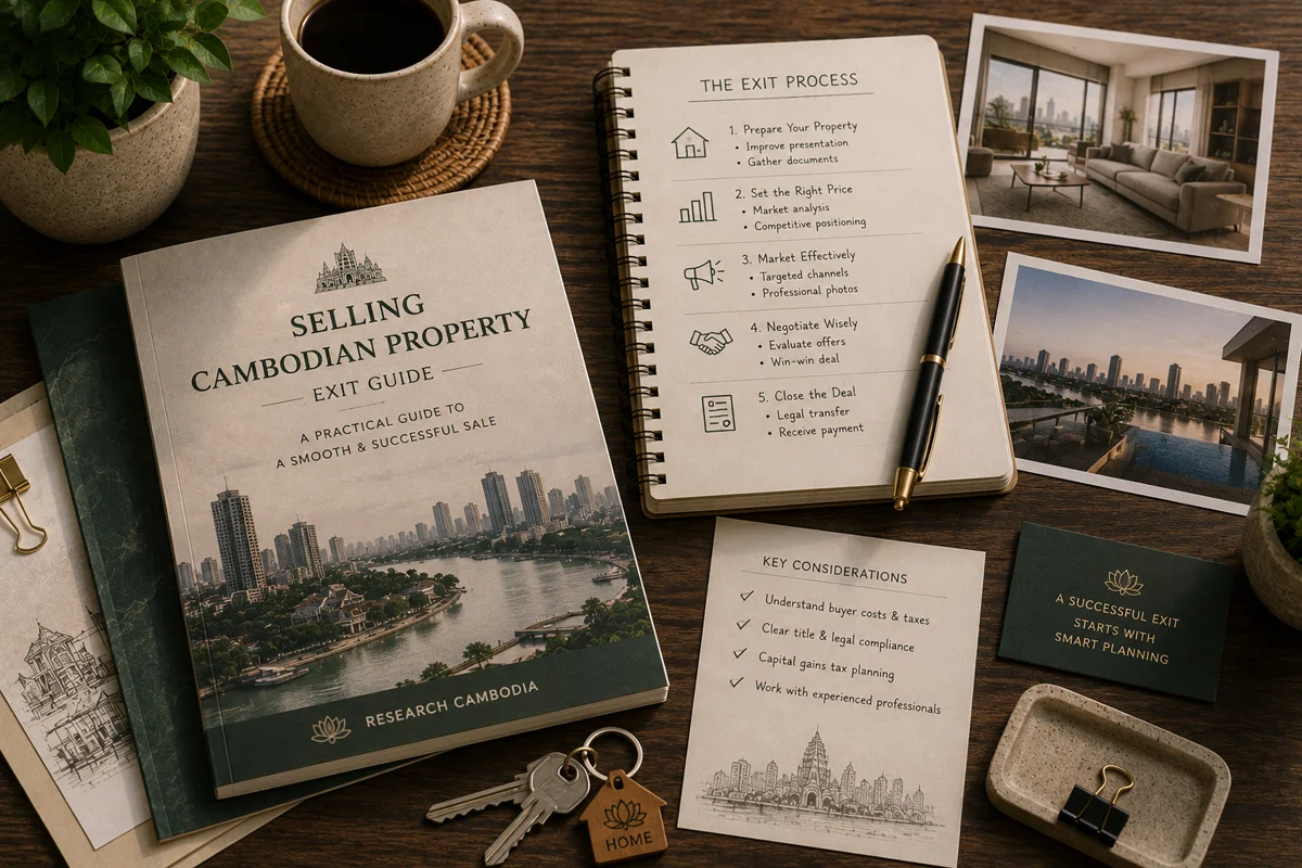 Guidebook titled Selling Cambodian Property beside a five-step exit-process notebook, a key-considerations card, and house keys