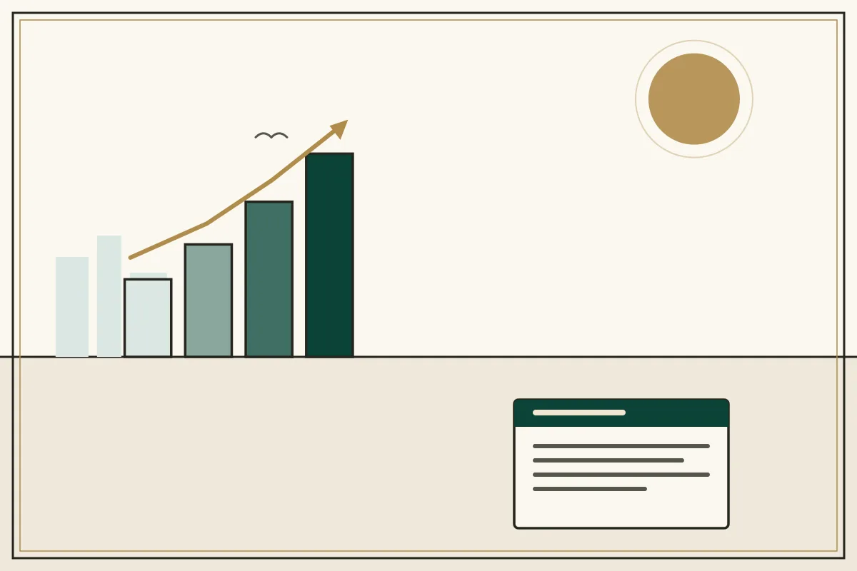 Editorial illustration of a rising bar chart with a gold trend arrow over a pale city skyline — in the ivory, jade and gold broadsheet style of Research Cambodia