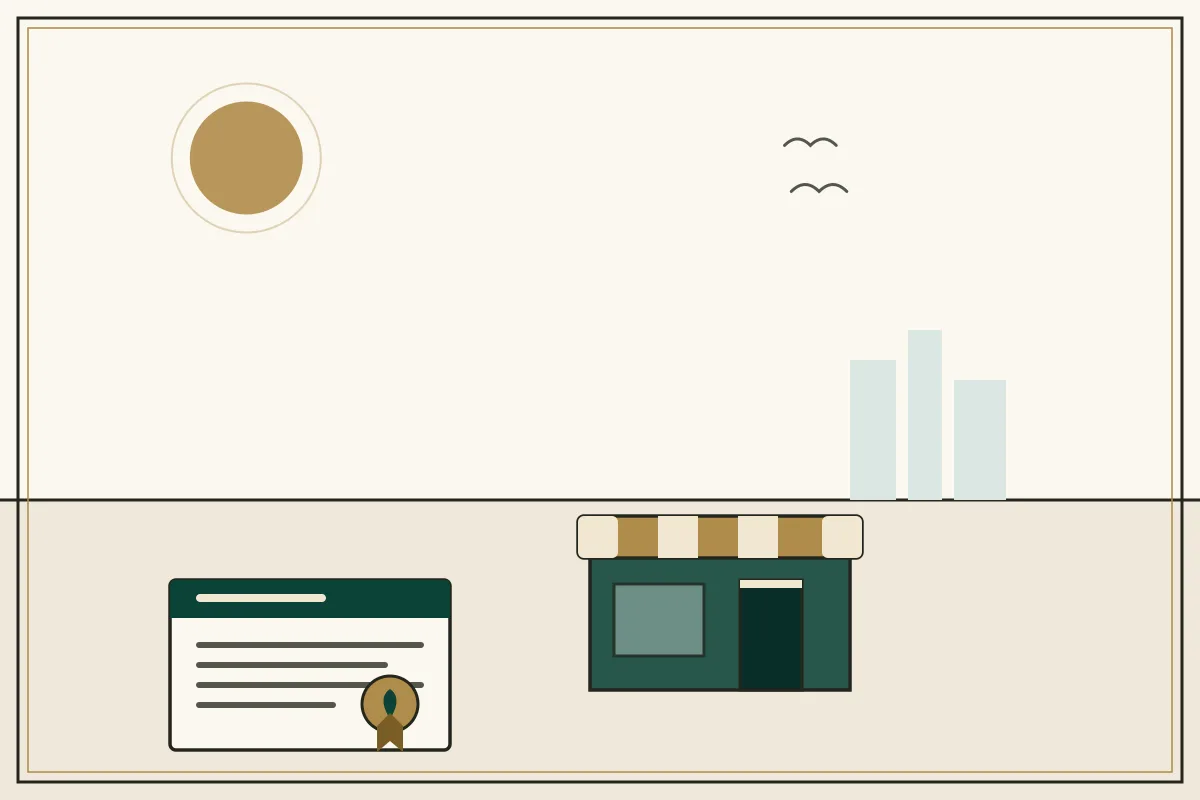 Editorial illustration of a shopfront with a gold awning beside a sealed registration document — in the ivory, jade and gold broadsheet style of Research Cambodia