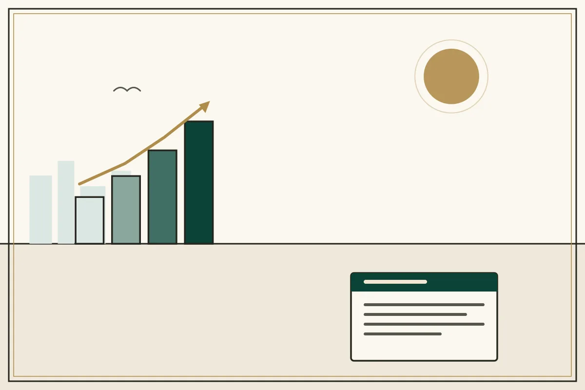 Editorial illustration of a rising bar chart with a gold trend arrow over a pale city skyline — in the ivory, jade and gold broadsheet style of Research Cambodia