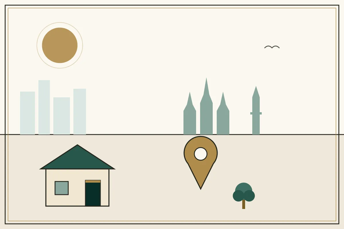 Editorial illustration of a landscape with a large gold map pin, houses and a stupa on the horizon, with Angkor-style temple towers — in the ivory, jade and gold broadsheet style of Research Cambodia