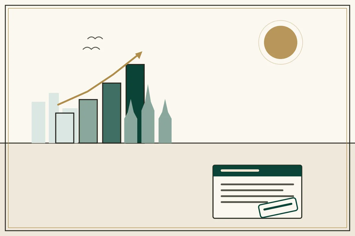 Editorial illustration of a rising bar chart with a gold trend arrow over a pale city skyline, with Angkor-style temple towers — in the ivory, jade and gold broadsheet style of Research Cambodia