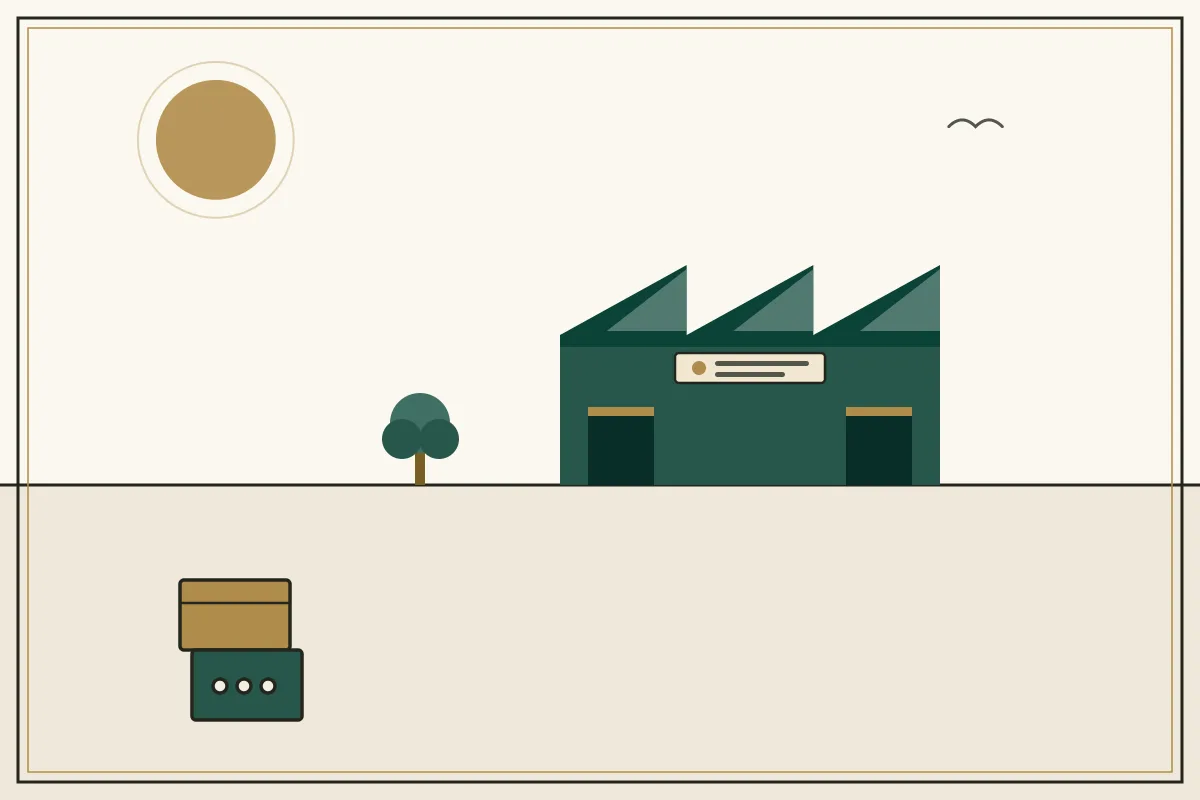 Editorial illustration of a jade factory hall with sawtooth roof and stacked shipping crates — in the ivory, jade and gold broadsheet style of Research Cambodia