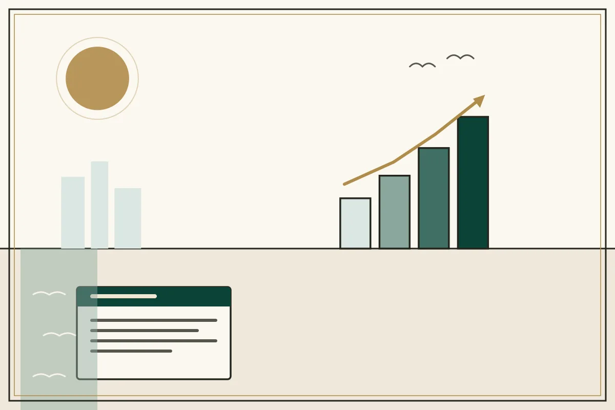 Editorial illustration of a rising bar chart with a gold trend arrow over a pale city skyline, with a coastal water strip — in the ivory, jade and gold broadsheet style of Research Cambodia