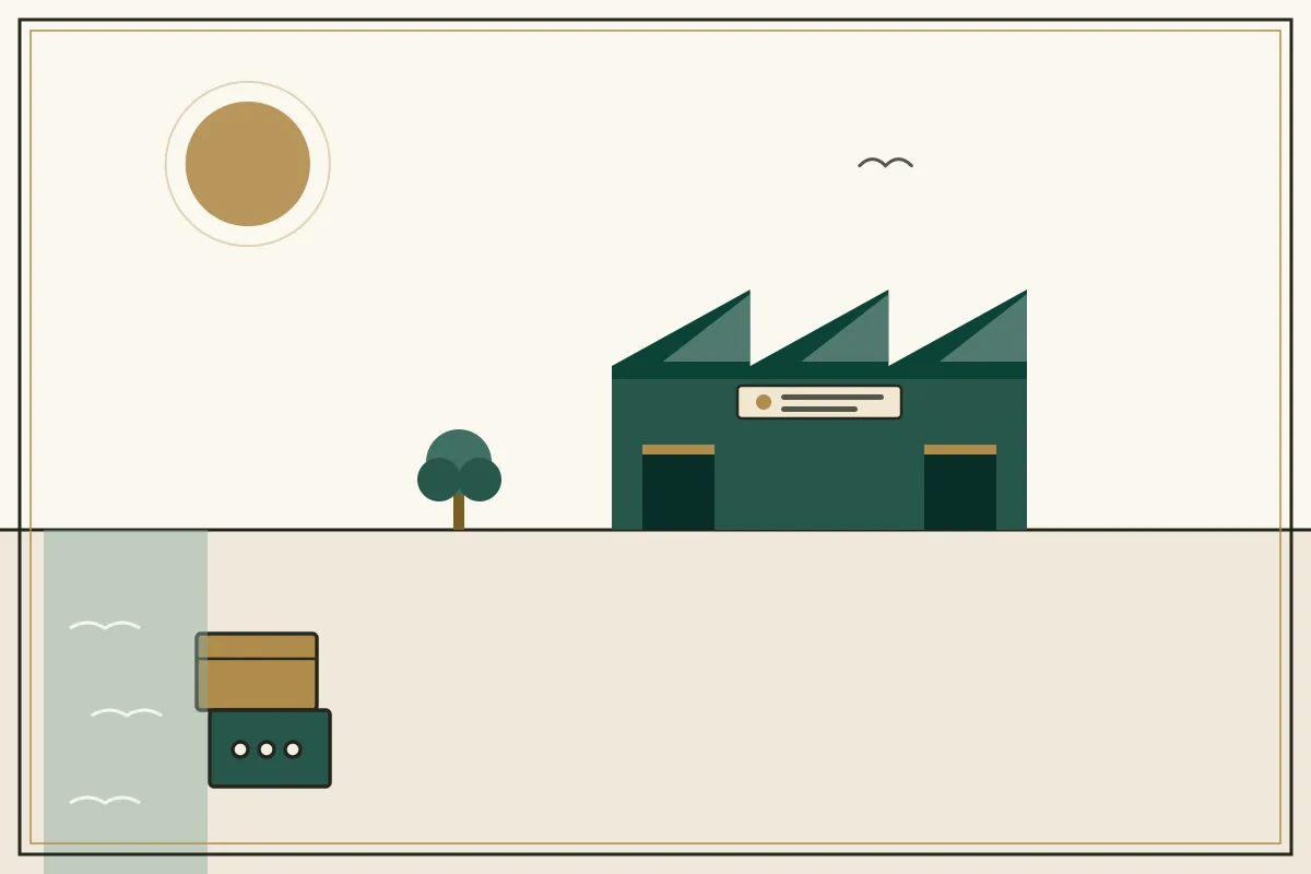 Editorial illustration of a jade factory hall with sawtooth roof and stacked shipping crates, with a coastal water strip — in the ivory, jade and gold broadsheet style of Research Cambodia