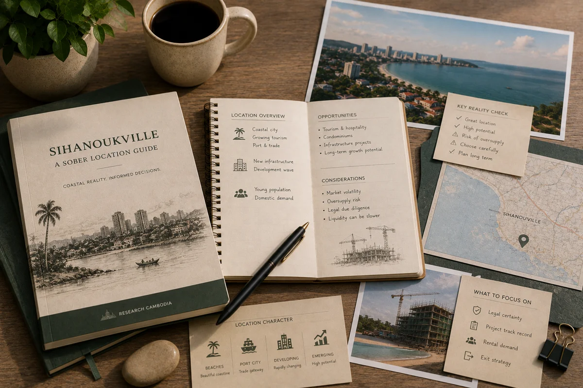 Sihanoukville location guide booklet with notes on opportunities and considerations, coastal photos, and a map of the Cambodian coast
