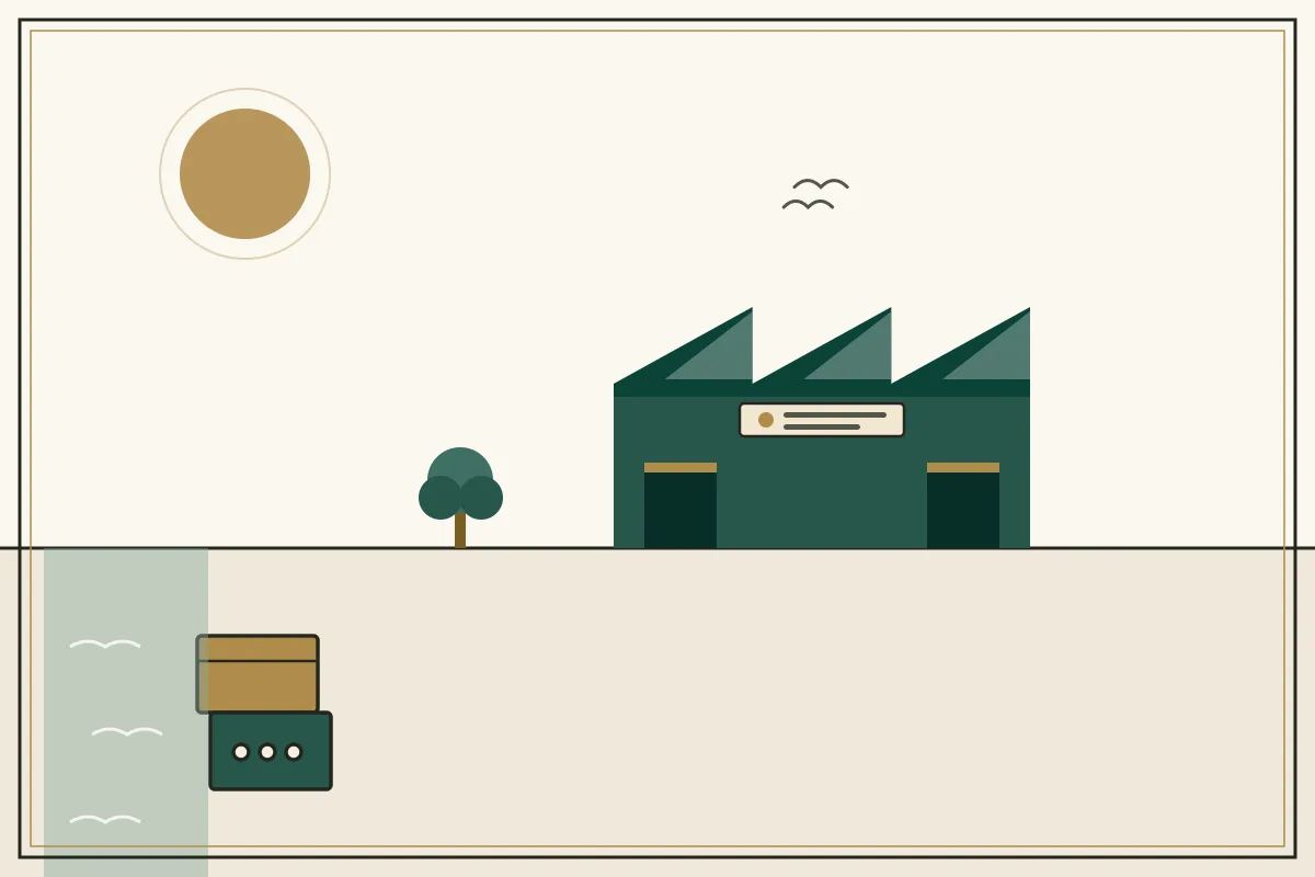 Editorial illustration of a jade factory hall with sawtooth roof and stacked shipping crates, with a coastal water strip — in the ivory, jade and gold broadsheet style of Research Cambodia