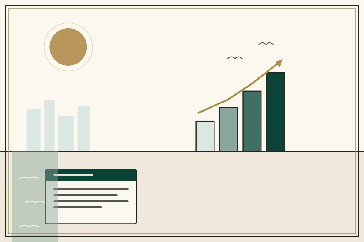 Editorial illustration of a rising bar chart with a gold trend arrow over a pale city skyline, with a coastal water strip — in the ivory, jade and gold broadsheet style of Research Cambodia