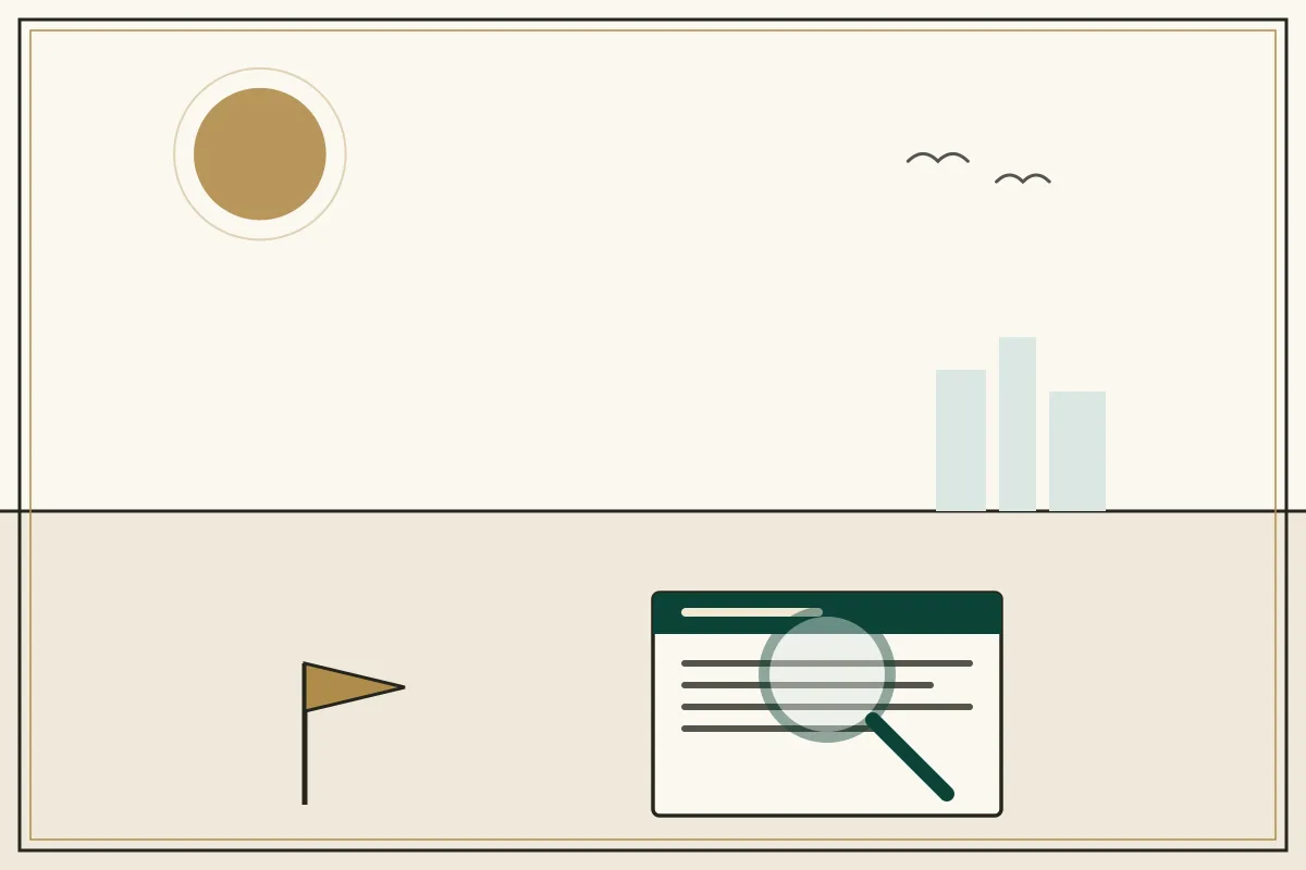 Editorial illustration of a magnifying glass over a document with a gold warning pennant — in the ivory, jade and gold broadsheet style of Research Cambodia