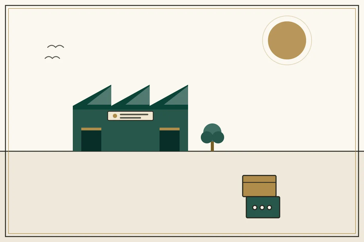Editorial illustration of a jade factory hall with sawtooth roof and stacked shipping crates — in the ivory, jade and gold broadsheet style of Research Cambodia