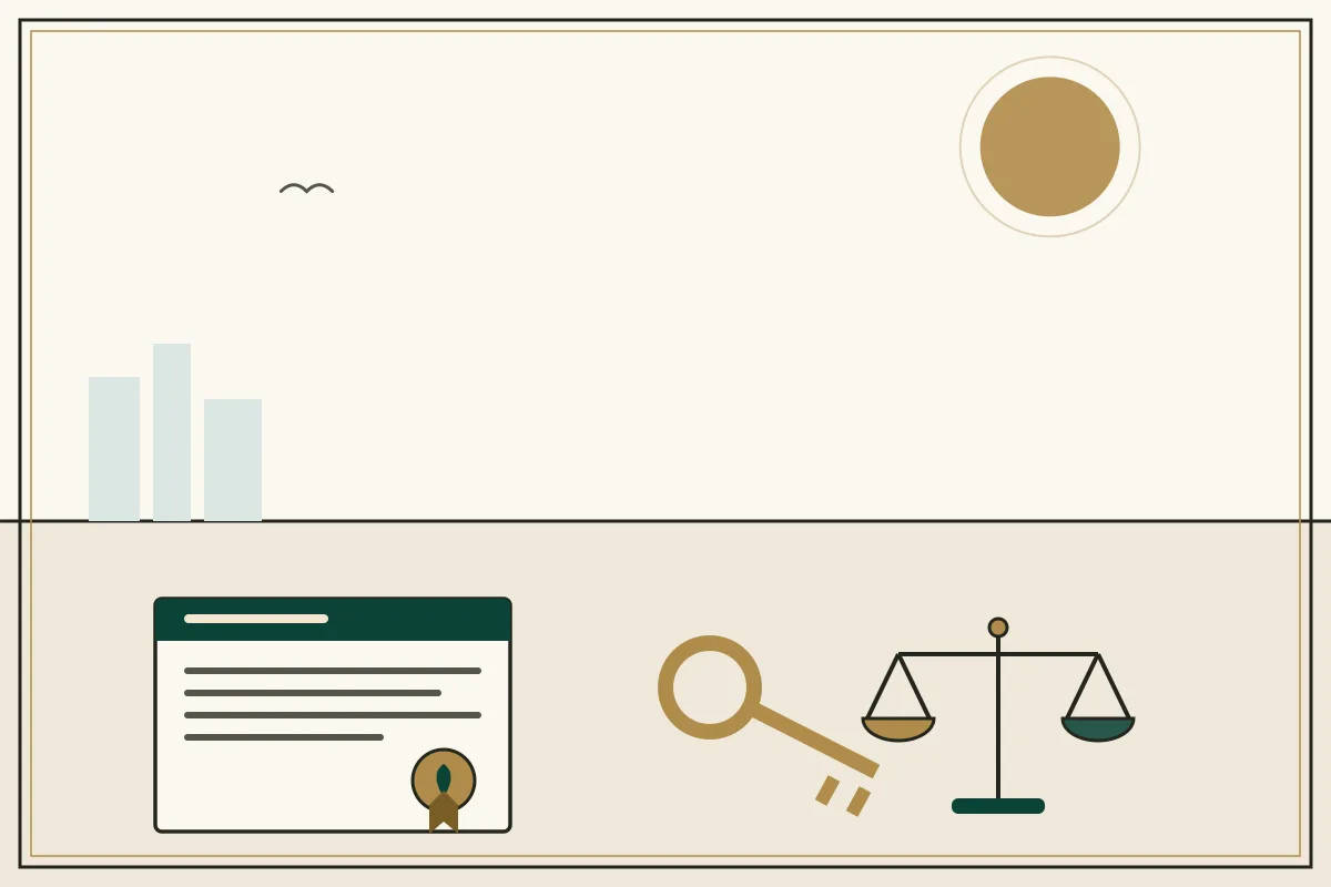 Editorial illustration of a sealed legal document beside the scales of justice — in the ivory, jade and gold broadsheet style of Research Cambodia