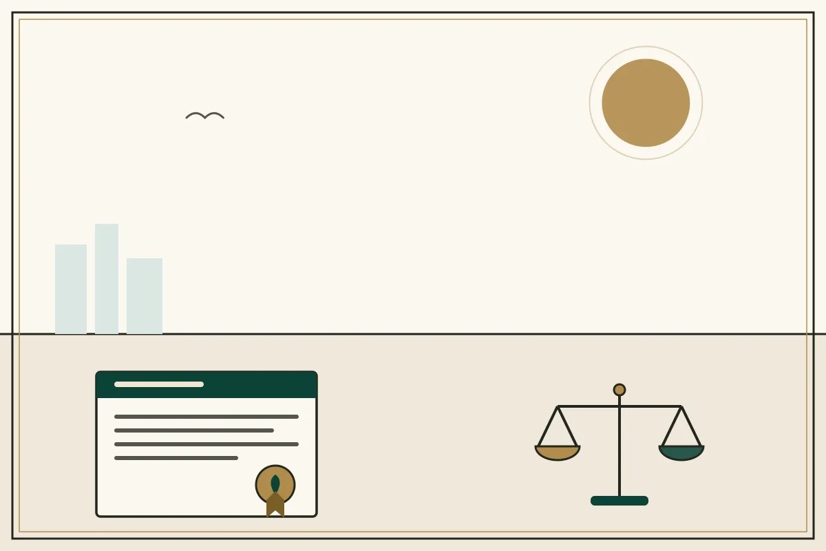 Editorial illustration of a sealed legal document beside the scales of justice — in the ivory, jade and gold broadsheet style of Research Cambodia