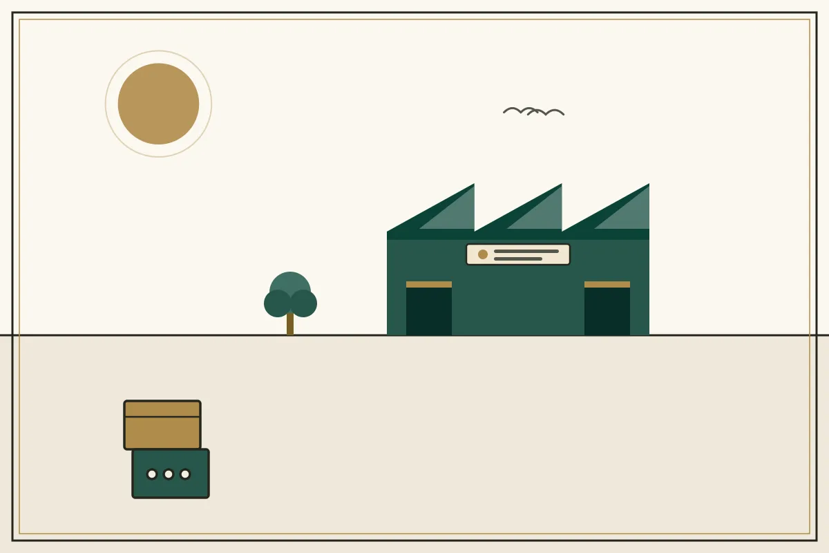 Editorial illustration of a jade factory hall with sawtooth roof and stacked shipping crates — in the ivory, jade and gold broadsheet style of Research Cambodia