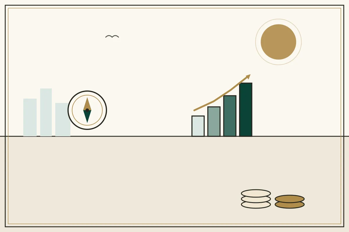 Editorial illustration of a compass and rising chart with stacked coins — in the ivory, jade and gold broadsheet style of Research Cambodia