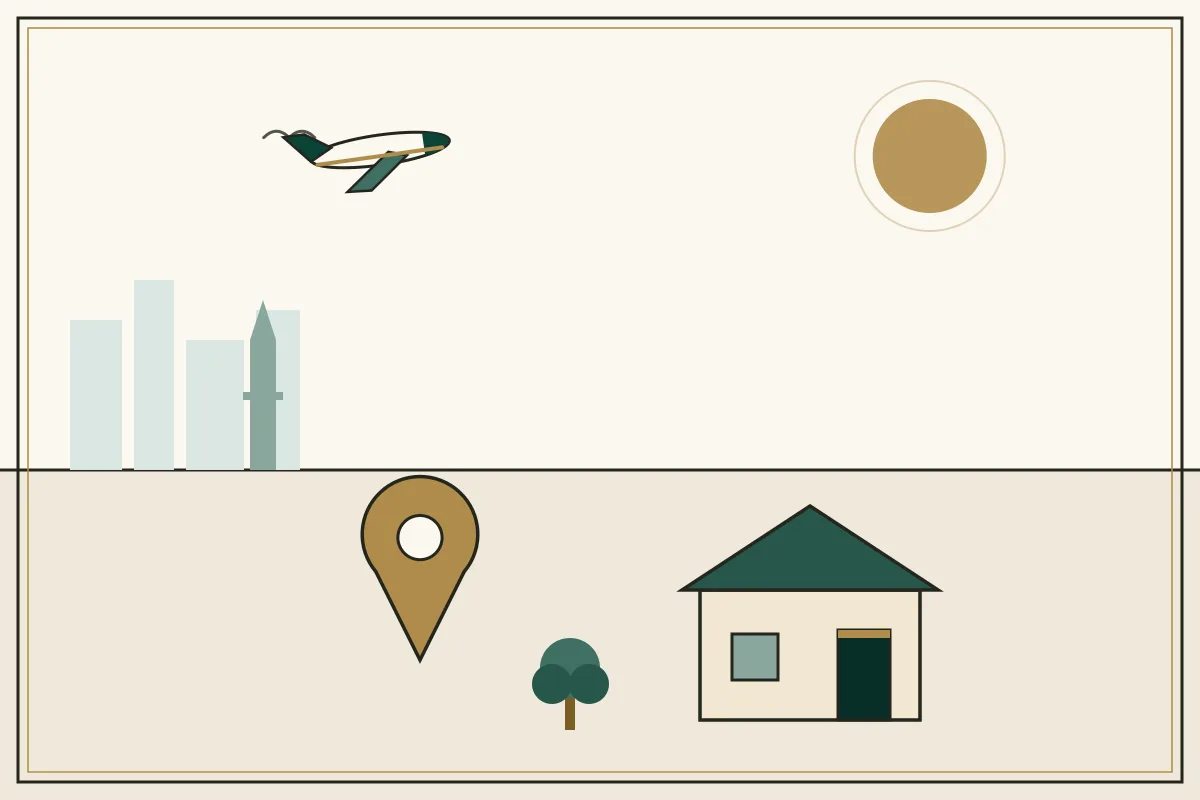 Editorial illustration of a landscape with a large gold map pin, houses and a stupa on the horizon, with an aircraft overhead — in the ivory, jade and gold broadsheet style of Research Cambodia