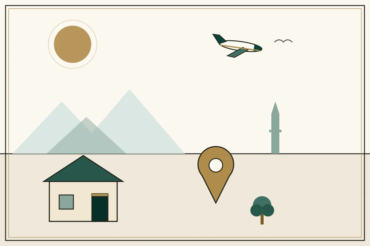 Editorial illustration of a landscape with a large gold map pin, houses and a stupa on the horizon, with an aircraft overhead — in the ivory, jade and gold broadsheet style of Research Cambodia