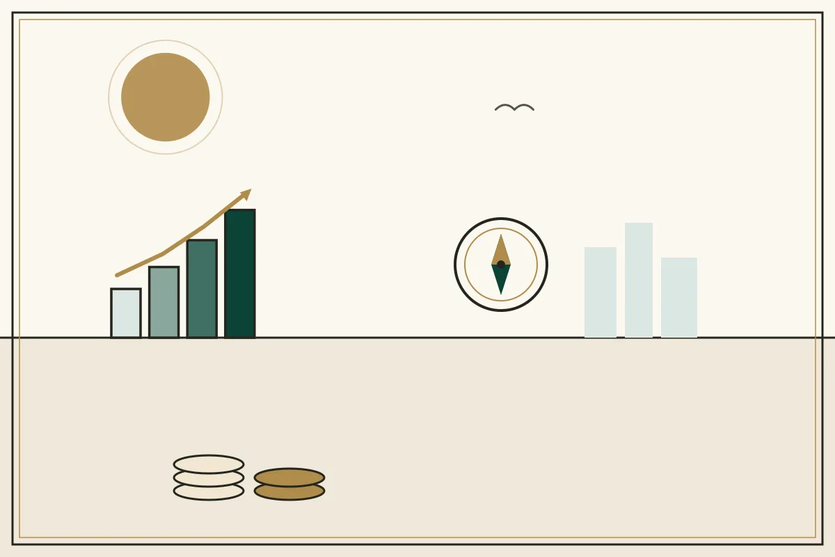 Editorial illustration of a compass and rising chart with stacked coins — in the ivory, jade and gold broadsheet style of Research Cambodia