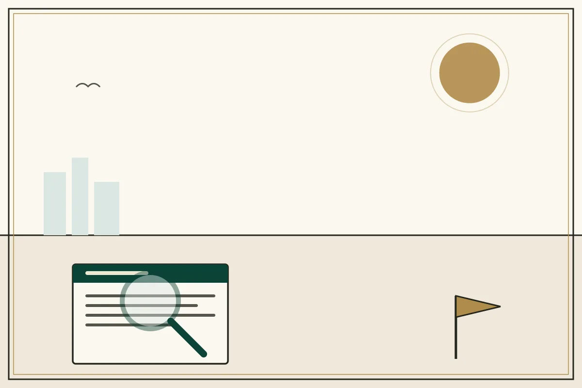 Editorial illustration of a magnifying glass over a document with a gold warning pennant — in the ivory, jade and gold broadsheet style of Research Cambodia