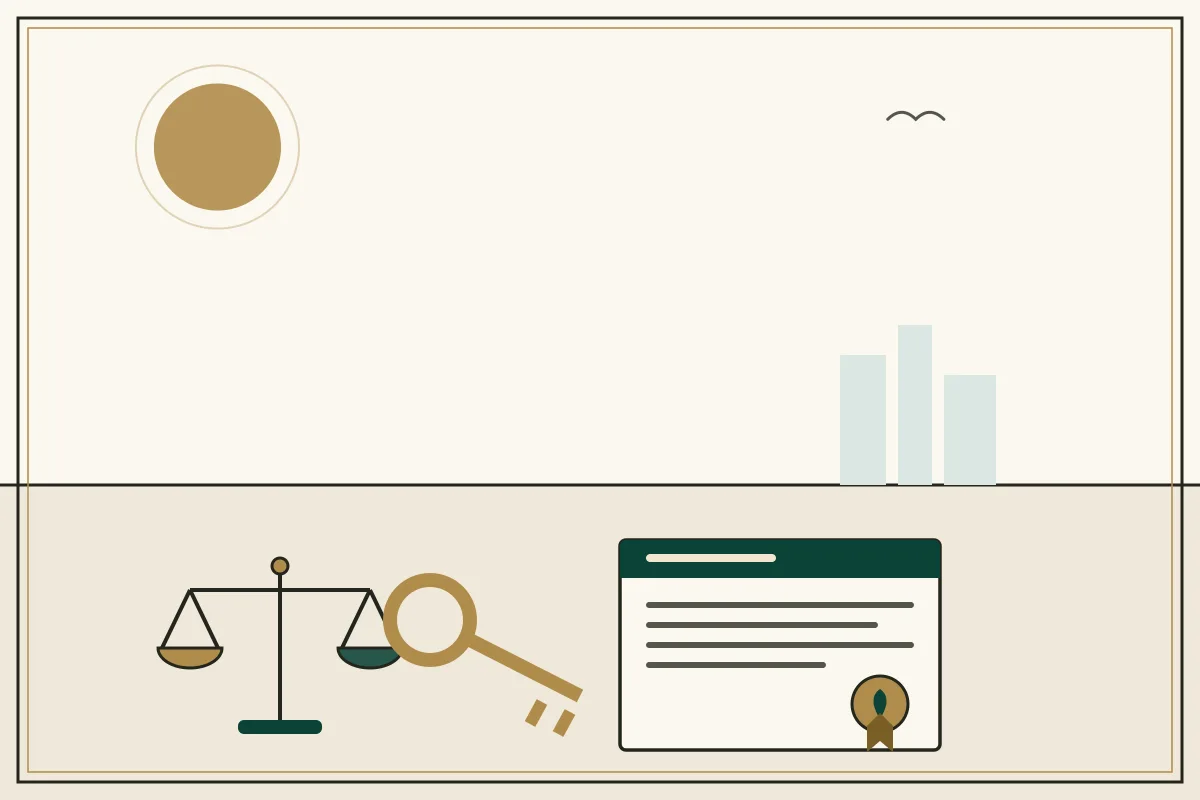 Editorial illustration of a sealed legal document beside the scales of justice — in the ivory, jade and gold broadsheet style of Research Cambodia