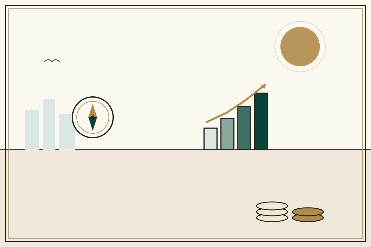 Editorial illustration of a compass and rising chart with stacked coins — in the ivory, jade and gold broadsheet style of Research Cambodia
