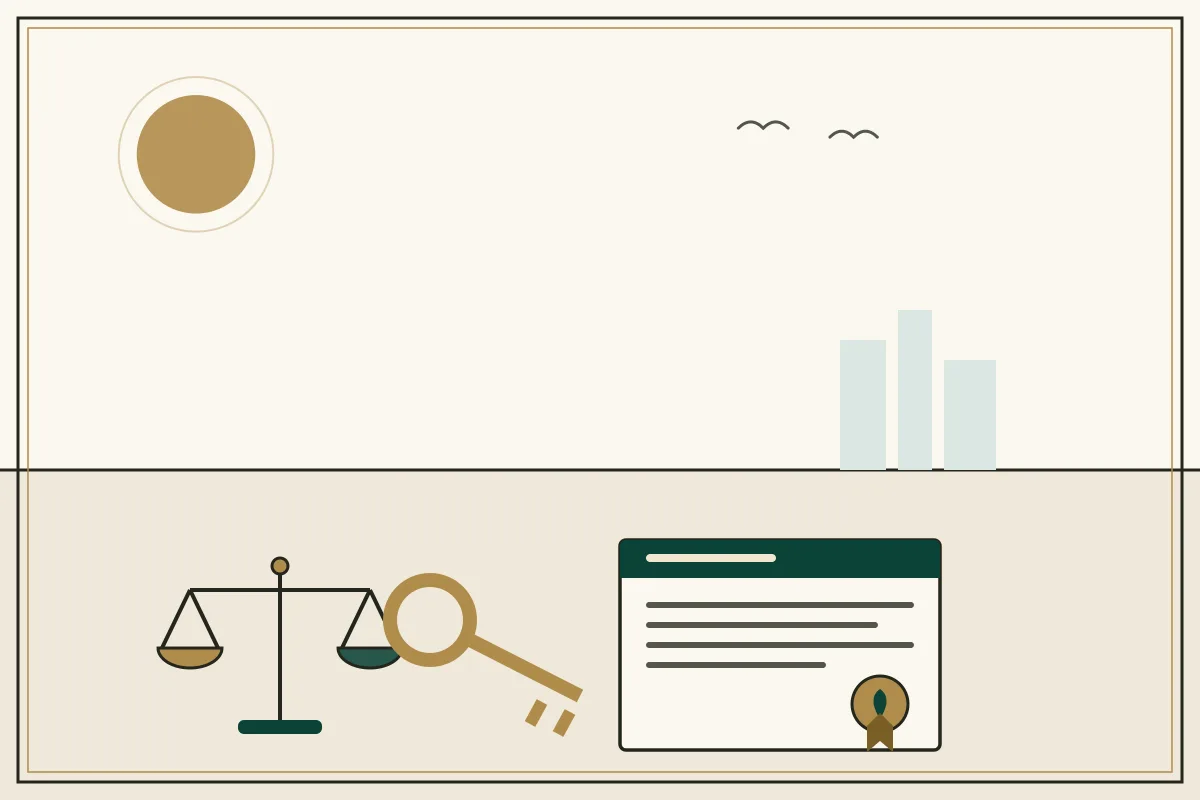 Editorial illustration of a sealed legal document beside the scales of justice — in the ivory, jade and gold broadsheet style of Research Cambodia