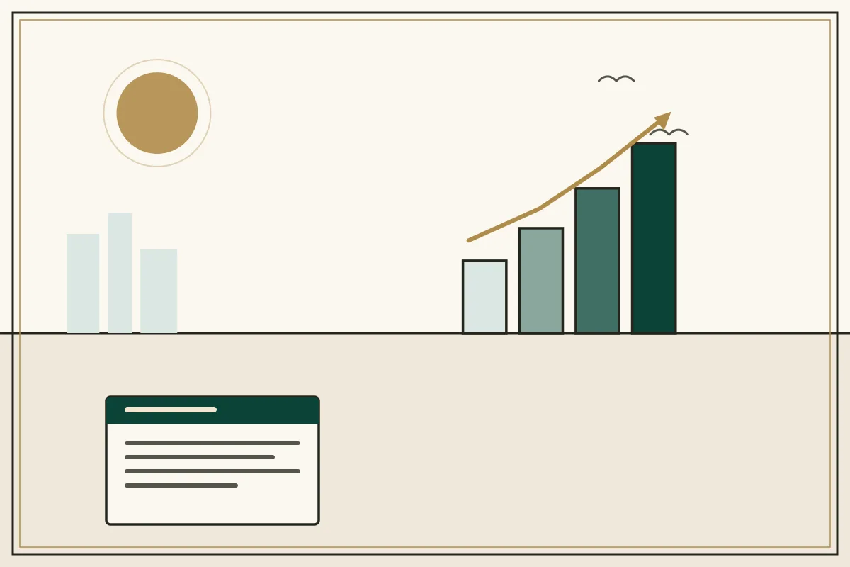 Editorial illustration of a rising bar chart with a gold trend arrow over a pale city skyline — in the ivory, jade and gold broadsheet style of Research Cambodia
