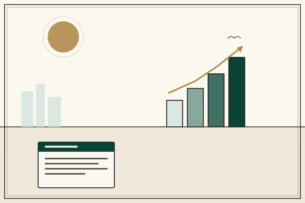 Editorial illustration of a rising bar chart with a gold trend arrow over a pale city skyline — in the ivory, jade and gold broadsheet style of Research Cambodia