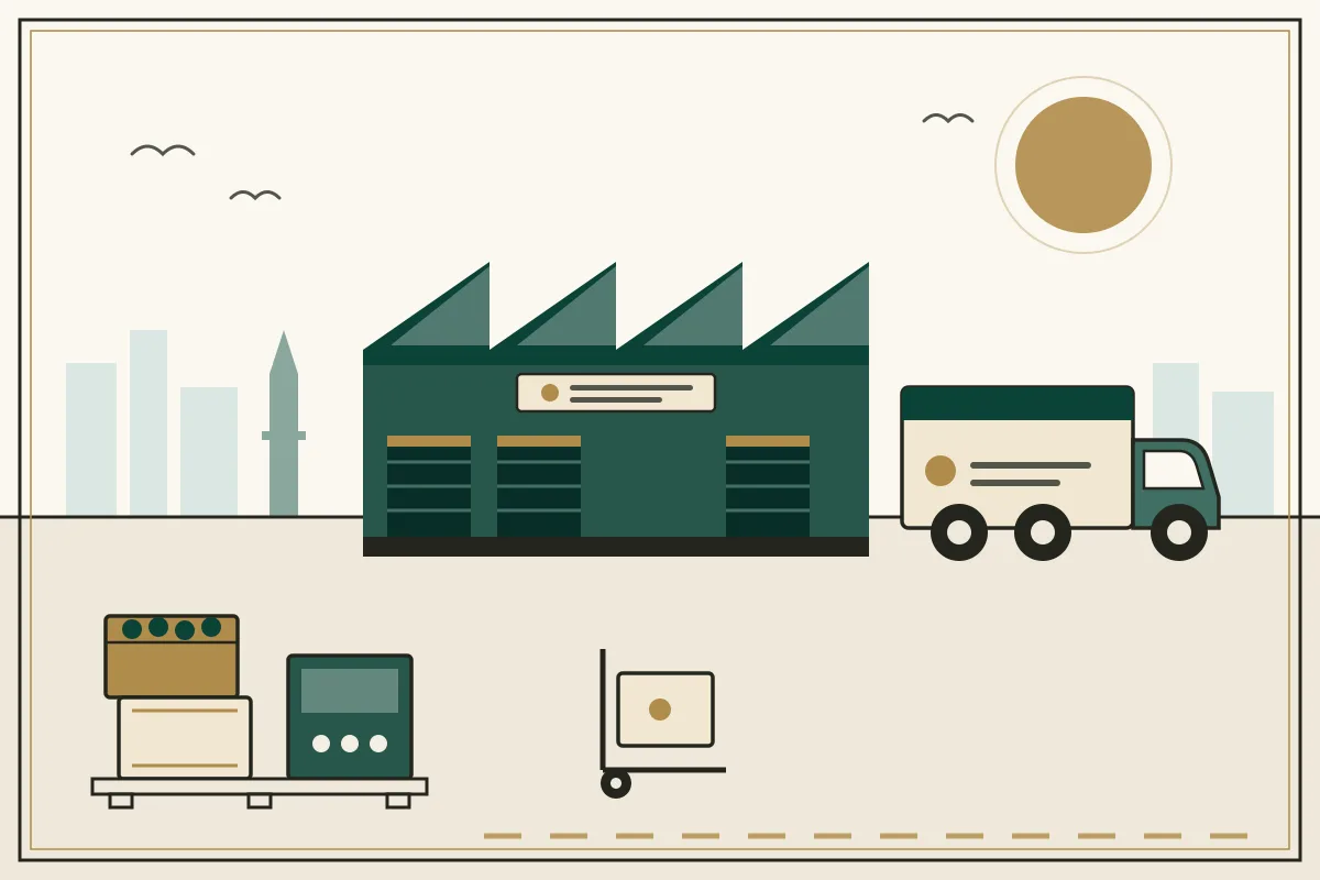 Editorial illustration of a wholesale market hall with sawtooth roof and loading docks, a box truck at the dock, and stacked produce crates on a pallet — in the ivory, jade and gold palette of Research Cambodia