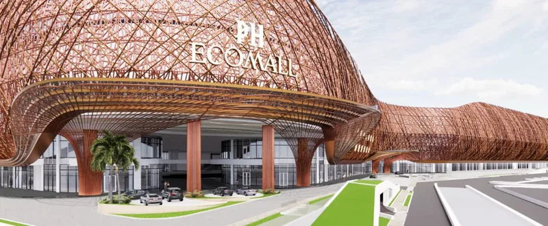 PH Eco Mall main entrance porte-cochere beneath the woven rattan canopy with PH ECOMALL logo