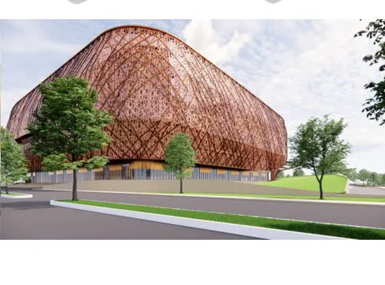 Daytime view of PH Eco Mall's rattan-weave dome facade inspired by traditional Khmer architecture