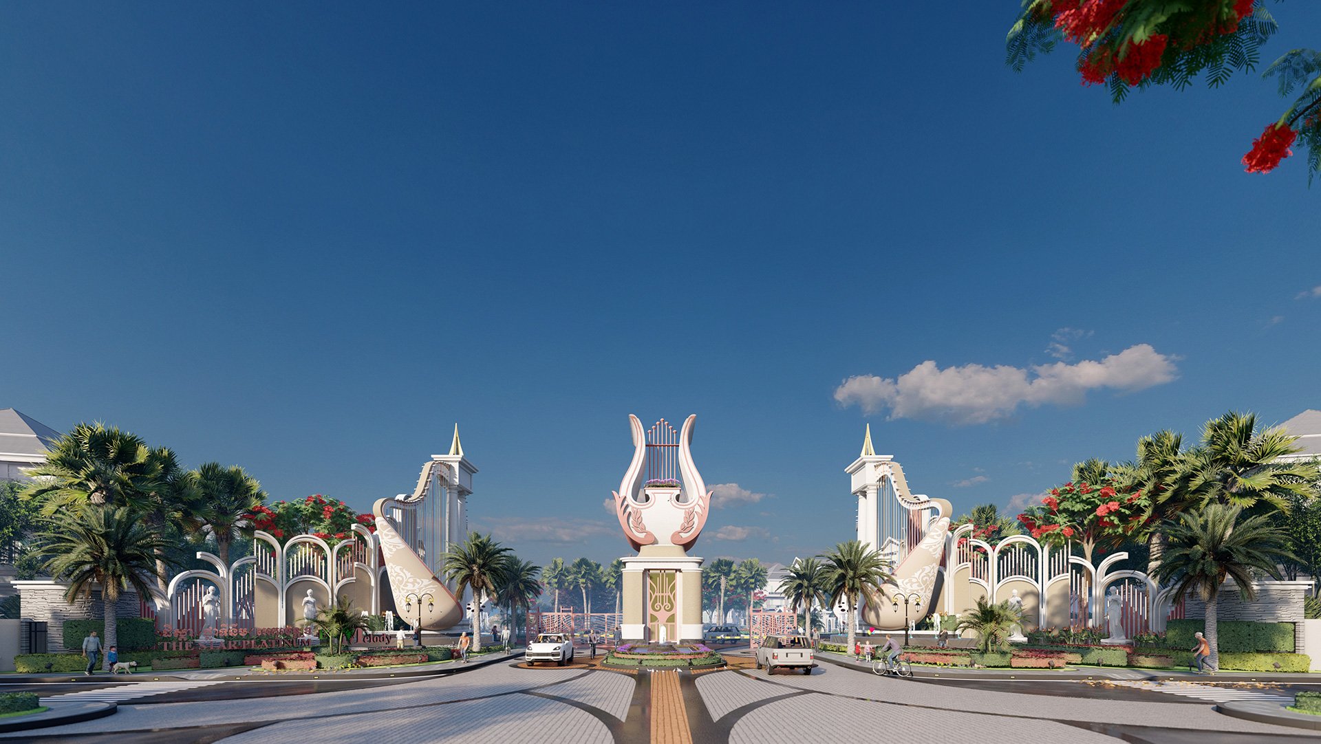 Rendering of a lyre-themed monument gateway and entrance plaza at The Star Platinum Eco Melody