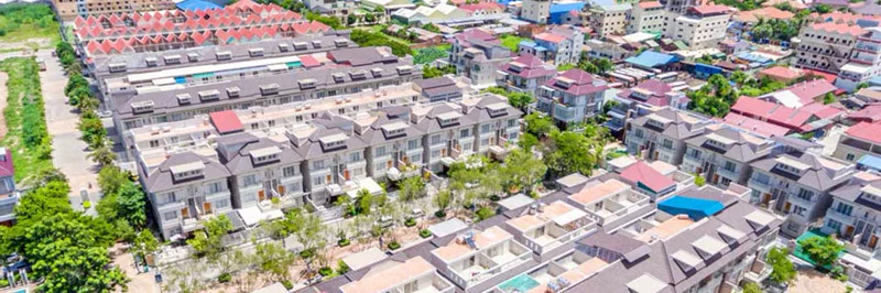Aerial banner view of the tiled-roof villa rows at Peng Huoth The Star Light