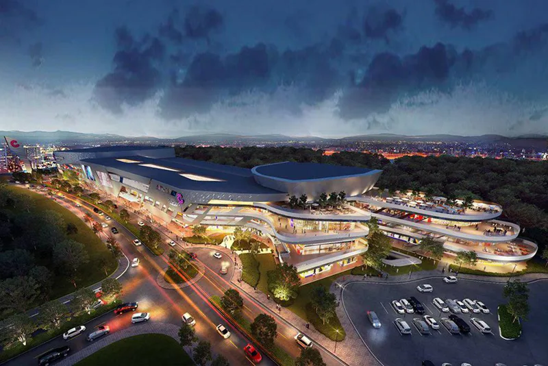 Aerial dusk view of the Chip Mong 271 Mega Mall complex
