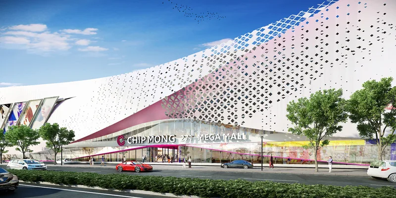 Rendering of the main entrance and signed facade of Chip Mong 271 Mega Mall