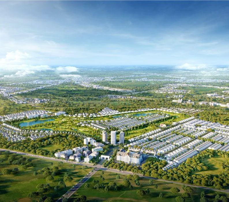 Masterplan rendering of the full Grand Phnom Penh City township with golf course, lake and villa districts