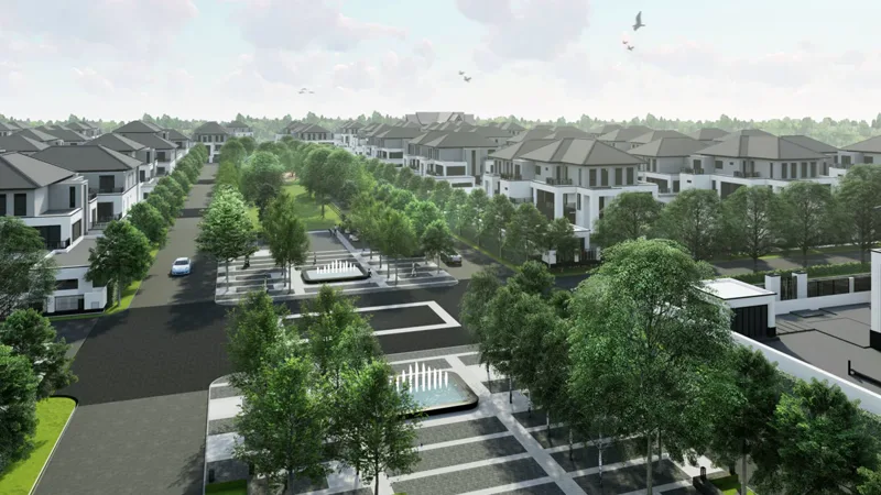 Tree-lined villa streetscape with fountains at Grand Phnom Penh City