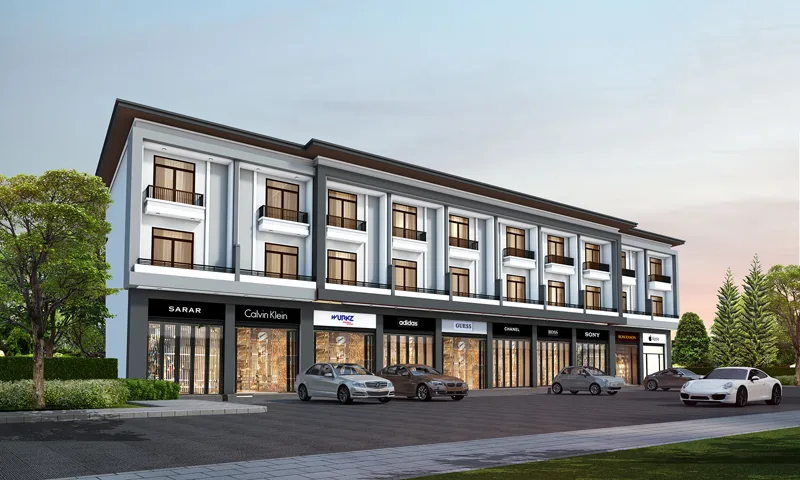 Architectural render of a row of three-storey shophouses at Land Riche by Chip Mong Land