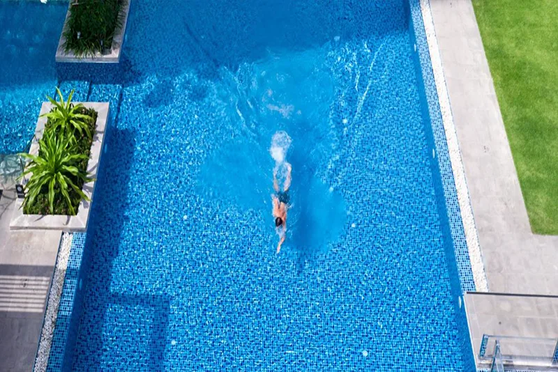Overhead view of the resort-style swimming pool amenity at Chip Mong Landmark 271