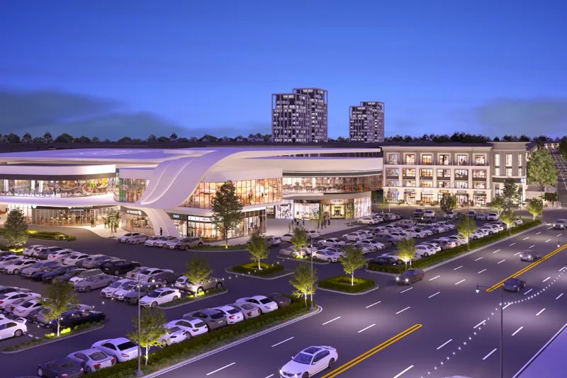 Render of the Landmark 60M commercial center and shopping mall at dusk with residential towers behind