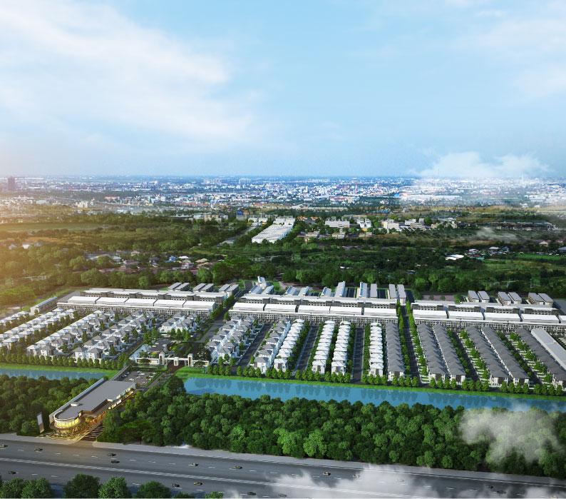 Aerial visualization of The Park Land 598 borey and its community mall