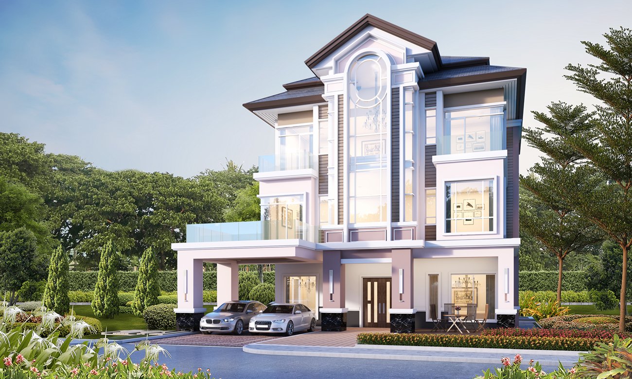 Rendering of a Park Land Sen Sok villa with cars in the driveway