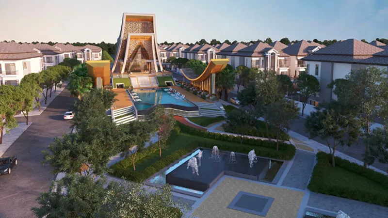 Aerial visualization of the Park Land Sen Sok clubhouse, swimming pool and surrounding villas