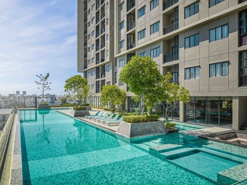 Landscaped swimming pool deck at Park Land TK Condo, Phnom Penh