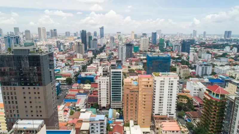 Aerial view over the dense BKK1 district around Time Square 1, Phnom Penh
